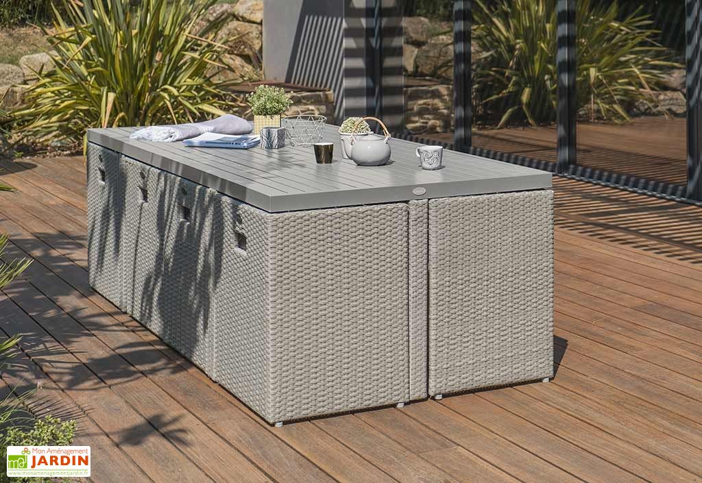 Salon De Jardin Resine Tressee Encastrable Gris 1 Table 8 Fts