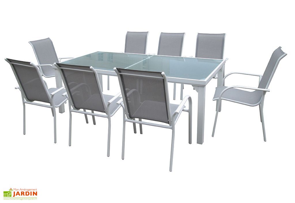 Salon de Jardin Whitesun : Table + 8 Fauteuils Blanc / Gris - Wilsa Salon de Jardin Whitesun : Table + 8 Fauteuils Blanc / Gris - Wilsa