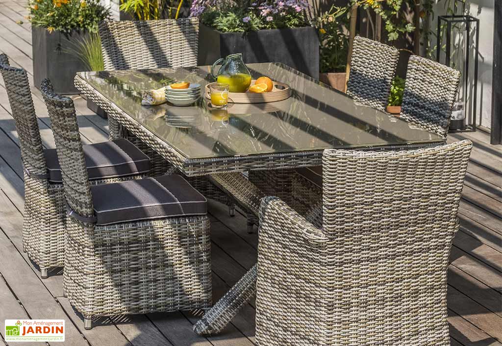 Table De Jardin Aluminium Resine Tressee Et Verre Bali 100 X 200