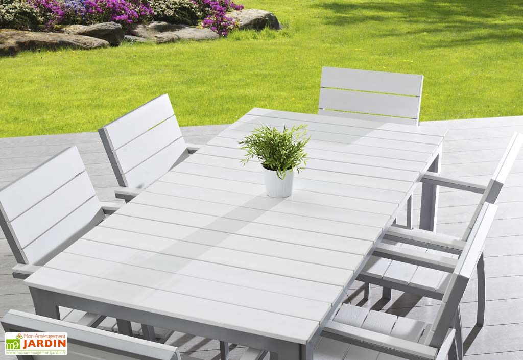 Table Jardin Composite Blanc et Alu (170x85) + 6 Fauteuils ...