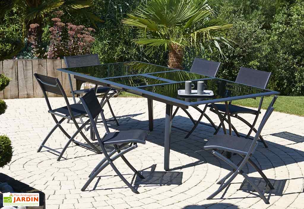 Table Jardin Verre Fumé Noir + Alu (180/240x110x73) DCB Garden