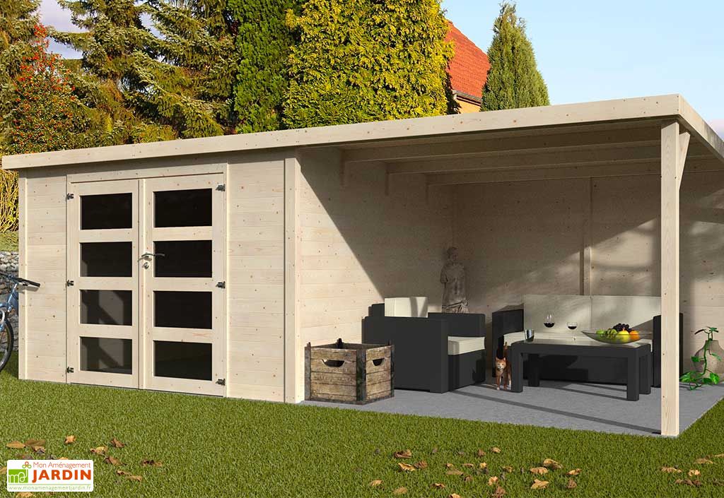 Abri de Jardin en Bois de Sapin Brut avec Auvent Délices 17,4 m²