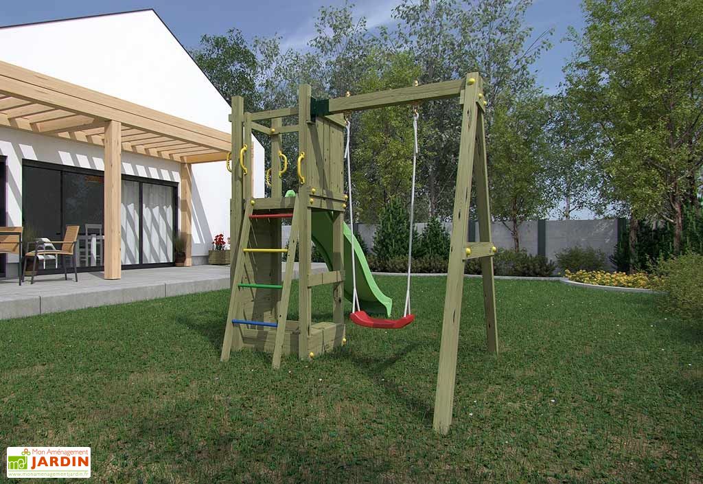 4 en 1 Aire de Jeux Portique en Bois avec Toboggan & Siège Réglable, Tour d'escalade Enfants avec Cabane Couverte & Échelle, Cadre en Métal pour