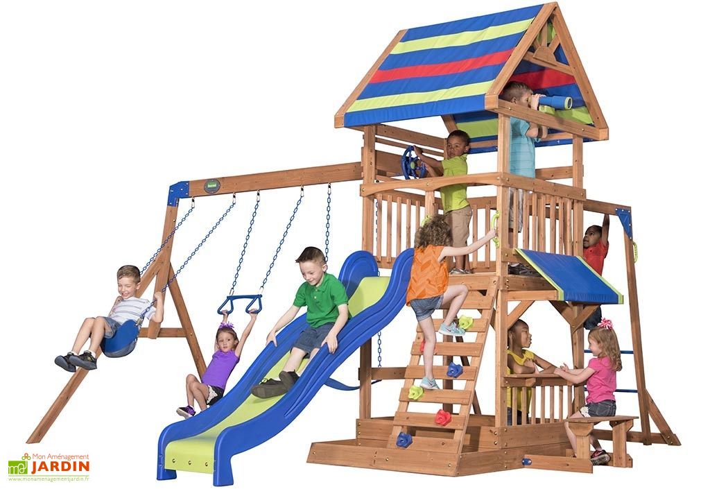 Portique En Bois Wickey TurboFlyer Avec Toboggan, Balançoire Et Bac à Sable - Aire De Jeux Complète Pour Jardin