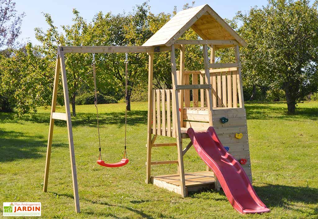 Aire de jeux en bois non traite avec portique balancoire et toboggan Panda Wendi Toys