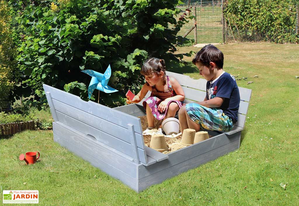 Bac à sable pour enfants en bois lasuré gris avec bancs +