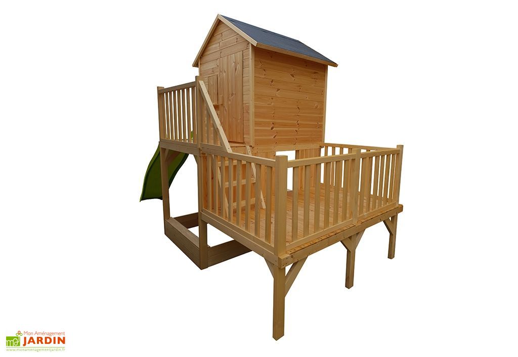 Cabane Maison d’Enfants en Bois Brut 2 Étages Jania + Toboggan Soulet