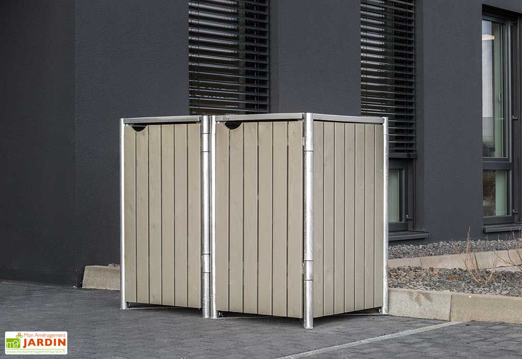 Cache-poubelle triple en acier et bois de pin traité 209 x 80 x