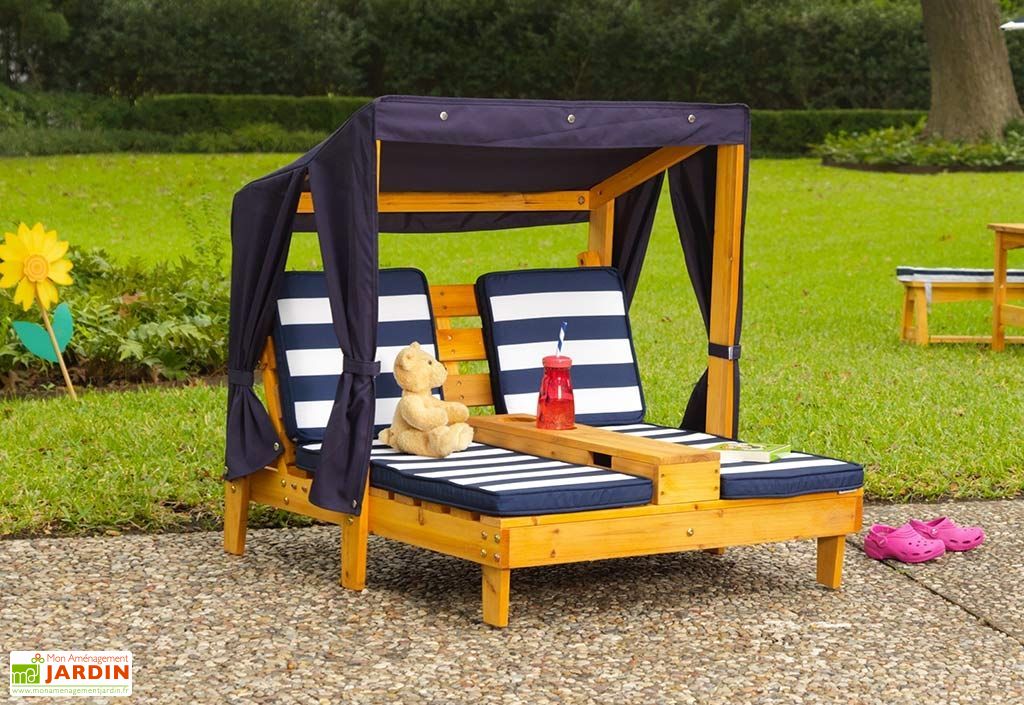Chaise Longue Bois Avec Auvent KidKraft Chaise Longue Enfant Double - Bain De Soleil En Bois Avec Coussin Et Auvent - Salon Jardin Extérieur Transat Jardin Exterieur