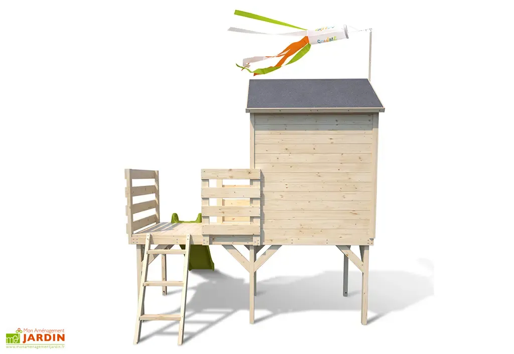 Maisonnette enfant Jacinthes sur pilotis avec toboggan et balançoire