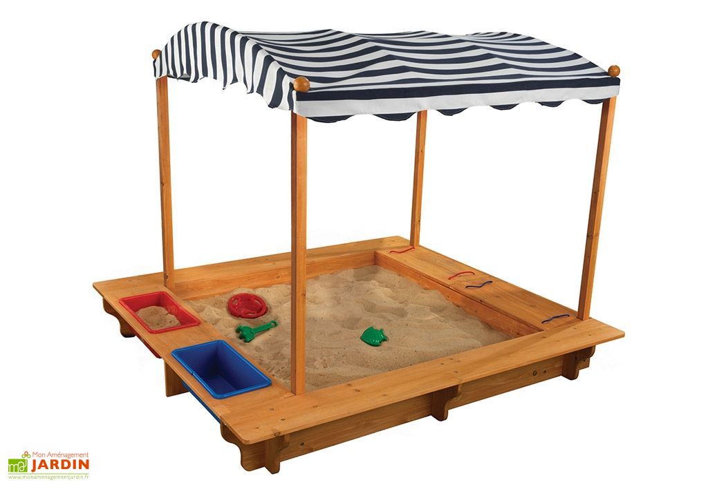 Bac à Sable En Bois Cèdre Avec Auvent Et Bancs Pour Enfants – Grand Modèle 121x121 Cm, Idéal Jardin Ou Plage – à Partir De 3 Ans