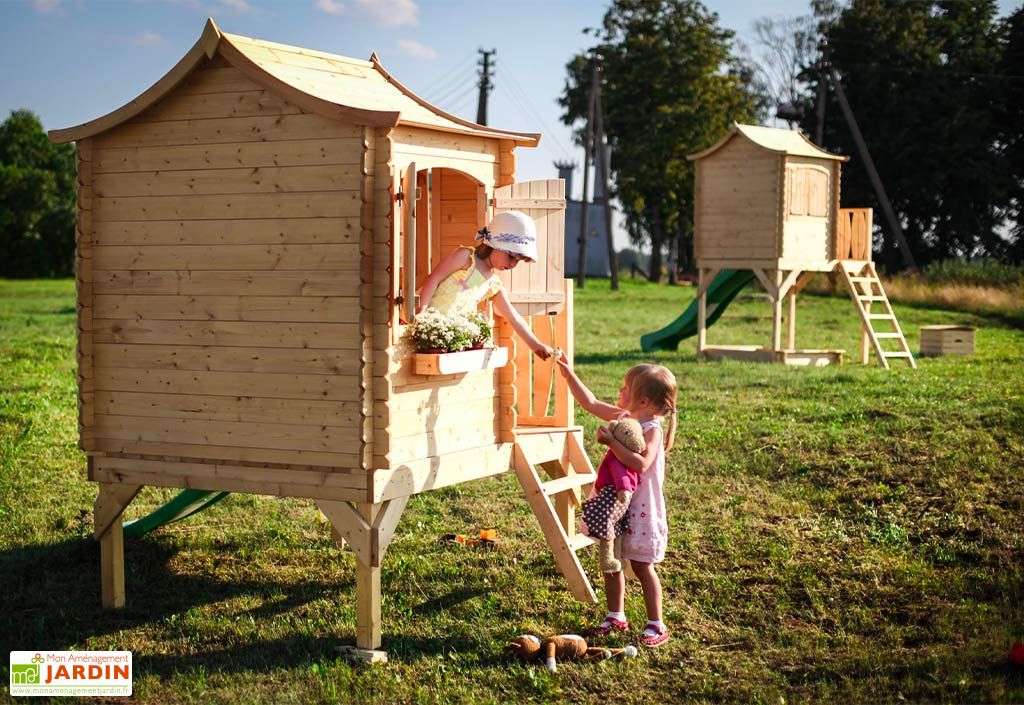 Plateforme pilotis avec balcon blanc en bois FSC® pour cabane enfant modulable - Gamm vert