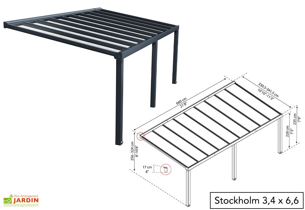 Pergola adossée Stockholm aluminium/acier et polycarbonate 3,50x6m -  COULEURS DU MONDE - Mr.Bricolage
