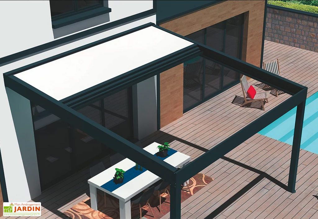 Pergola bioclimatique adossée toit rétractable motorisé PolyTop 3,69