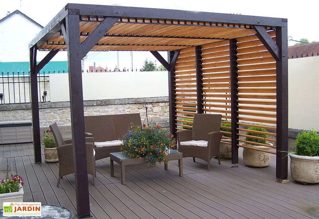 Pergola bioclimatique bois autoportée 10,6 m² - Toiture + façade - Habrita