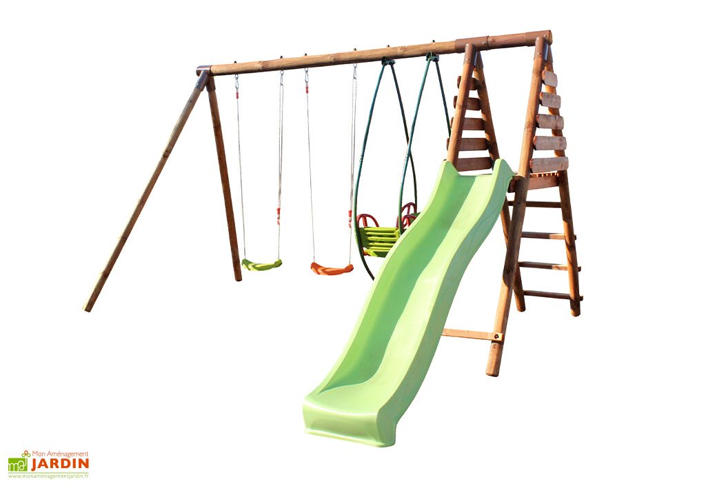 Portique en bois toboggan + balancelle + 2 balançoires Narcisse Soulet