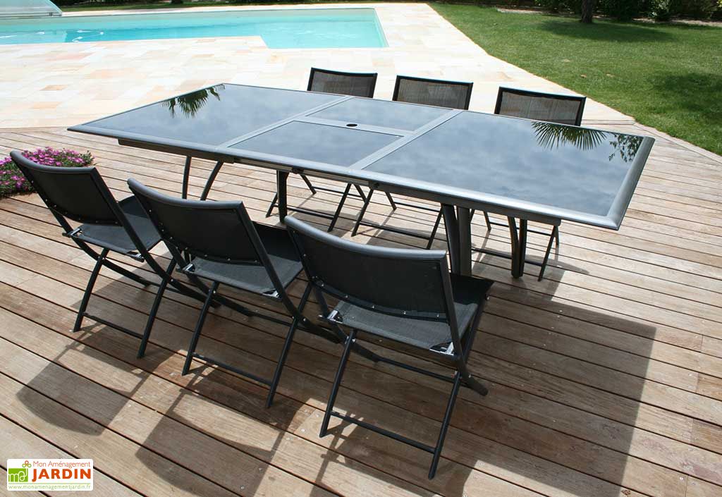 Salon de Jardin en Aluminium Noir Mat Table à Rallonge + 6 Chaises