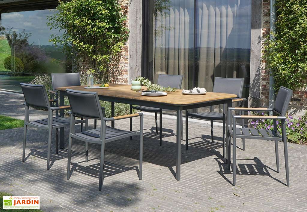 Salon De Jardin Haut De Gamme ROSA Mini - Aluminium Beige, Coussins Oléfine Gris/beige, Teck - 4 Places, Sans Fauteuil