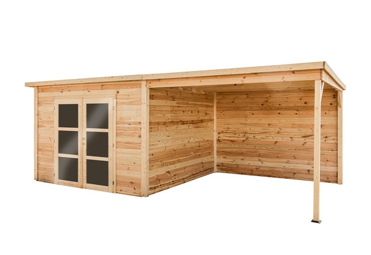 Abri de jardin en bois brut 28 mm toit plat avec auvent 18 m² - Bahia
