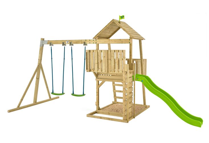 Aire de jeux en bois : mur d’escalade, portique et toboggan – TP Kingswood