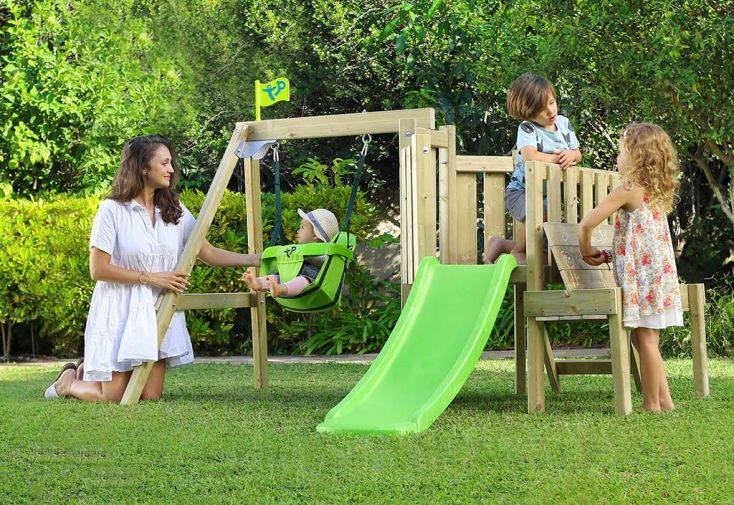 Aire de jeux en bois pour bébé avec balançoire et toboggan – TP Bambin