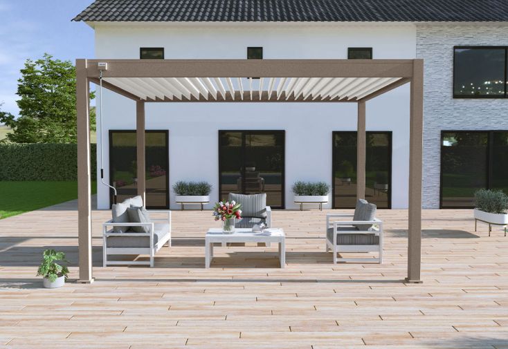 Pergola bioclimatique Ombréa en aluminium 3 x 4 m autoportée - Taupe