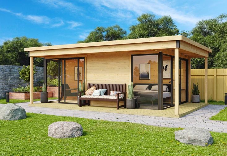Studio de jardin en bois 23,7 m² ep. 44 mm – Doméo 3 V2 Plus + terrasse