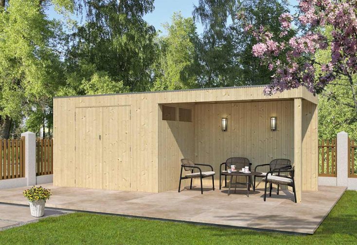 Abri de jardin en bois d’épicéa brut avec auvent – 11,88 m²