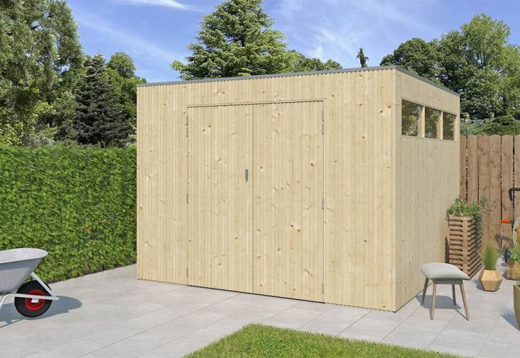 Abri de jardin en bois d’épicéa brut 26 mm – 8,8 m²