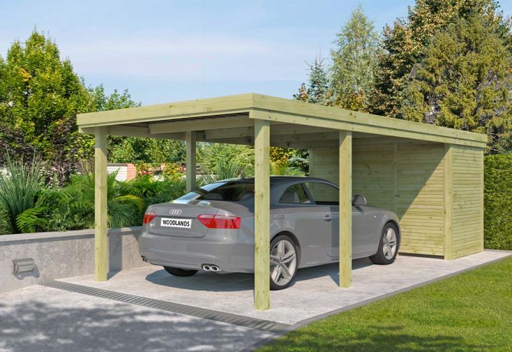 Carport en bois autoclave toit plat avec abri - 22 m²