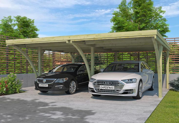 Carport double en bois autoclave et tôles ondulées - Capri 30 m²