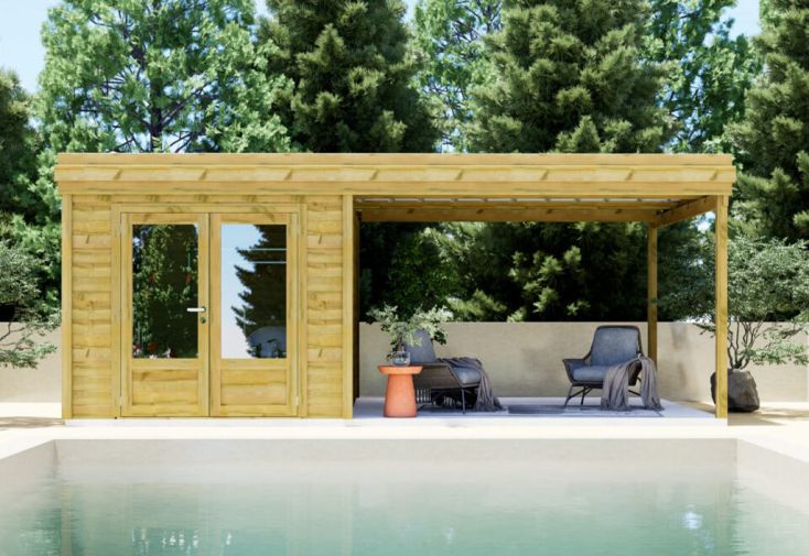 Abri de jardin en bois de pin traité avec auvent – 23,2 m²