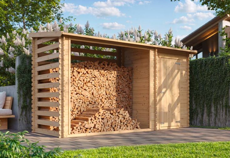 Abri bûches + remise fermée en bois brut 3,5 x 1,3 m - H. 2 m