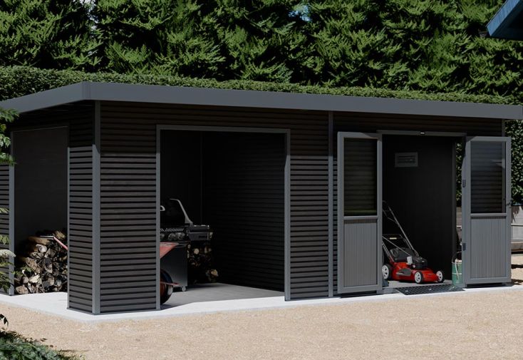 Abri de jardin avec auvent en bois composite 28 mm Onyx – 18 m²