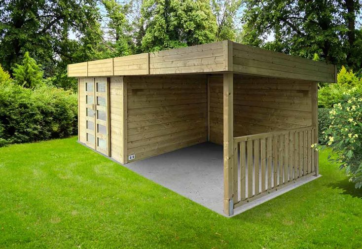 ABRI DE JARDIN BOIS 28 MM AVEC SALON EXTERIEUR PROTEGÉ - 20,12 m²