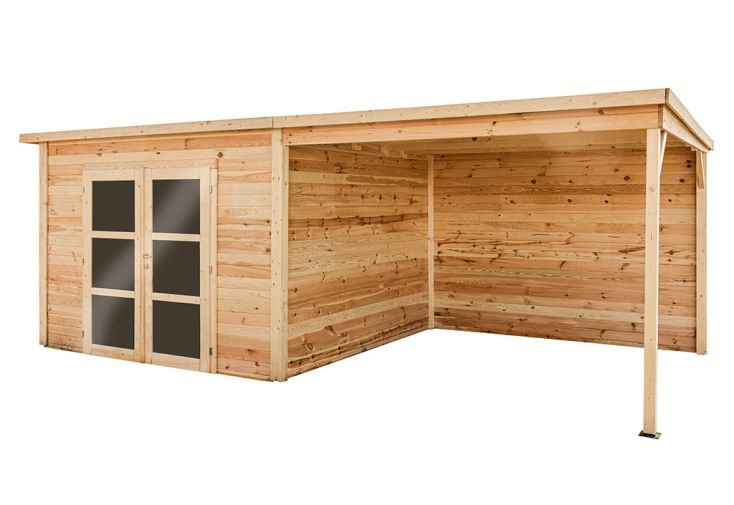 Abri de jardin en bois brut 42 mm toit plat avec auvent 20 m² - Napoli