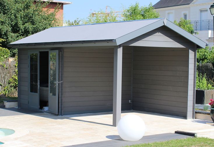 Abri de jardin composite toit double pente + auvent – Tradi 6 x 3 m