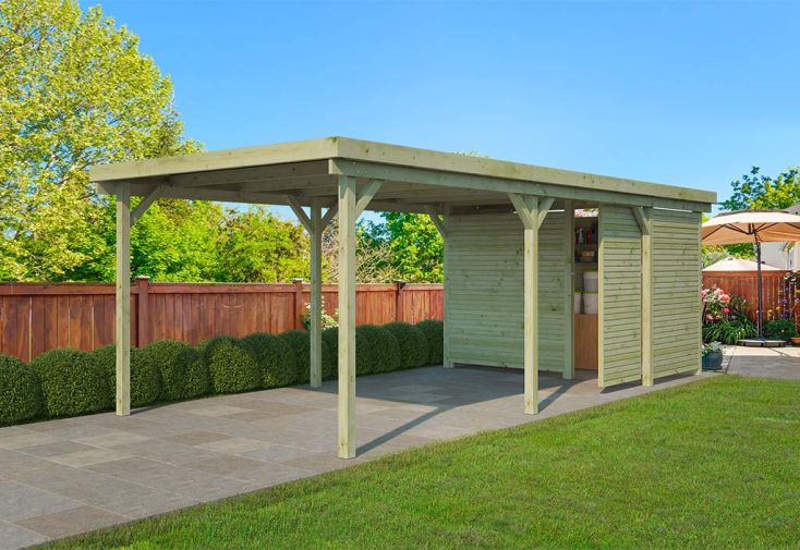 Carport en bois autoclave toit plat avec abri - 3 x 6.5 m