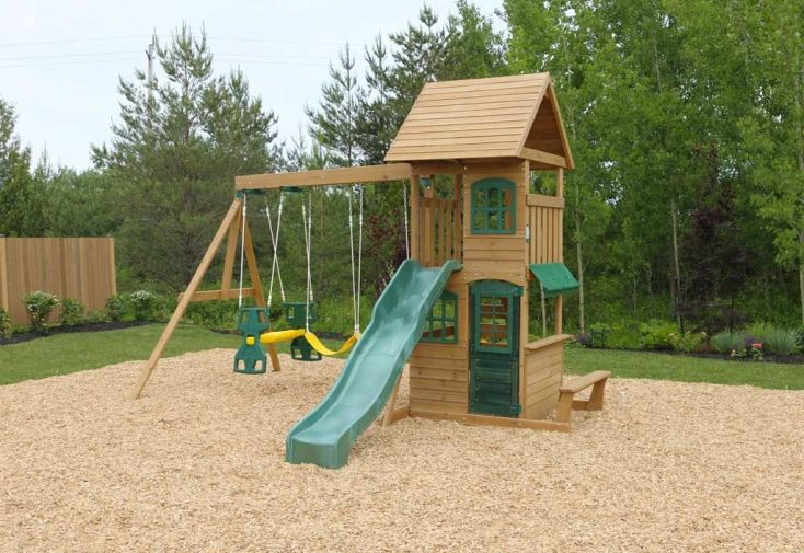 Aire de Jeux en Bois Windale avec Toboggan, Balançoires et Cabane