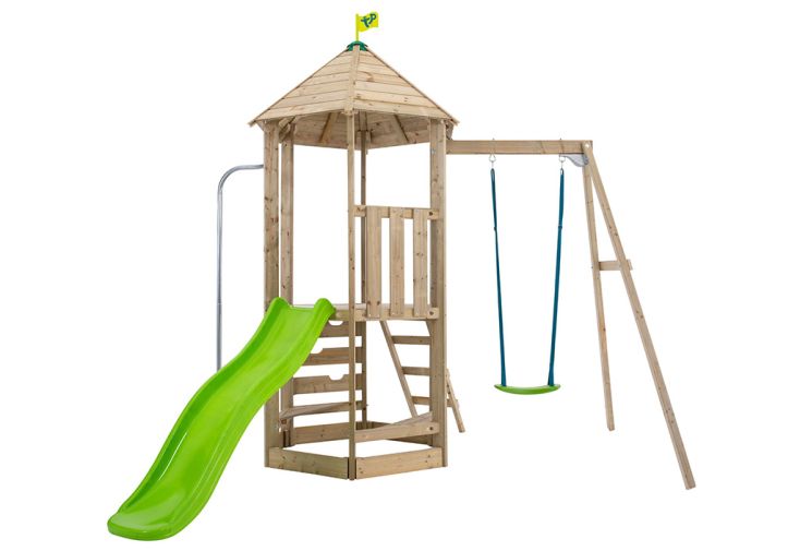 Aire de jeux en bois : portique, mur d’escalade et toboggan – TP Castlewood