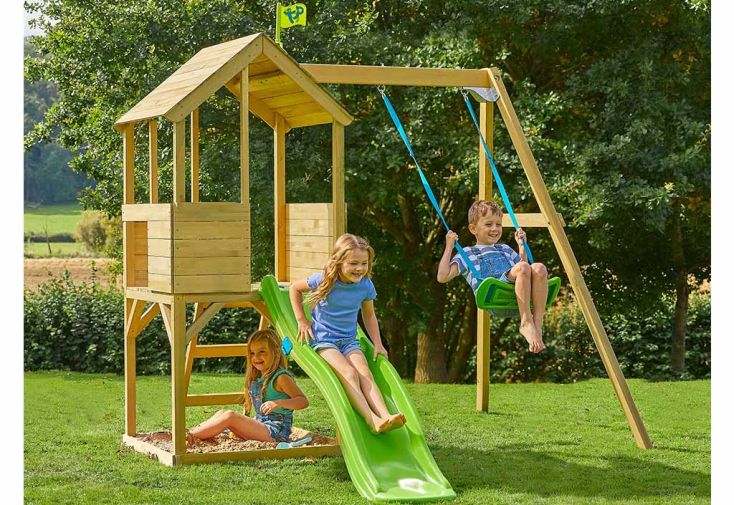 Aire de jeux en bois : maisonnette, balançoire et toboggan – TP Treehouse