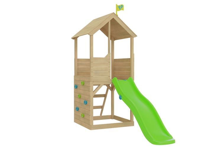 Aire de jeux en bois : mur d’escalade et toboggan – TP Treehouse
