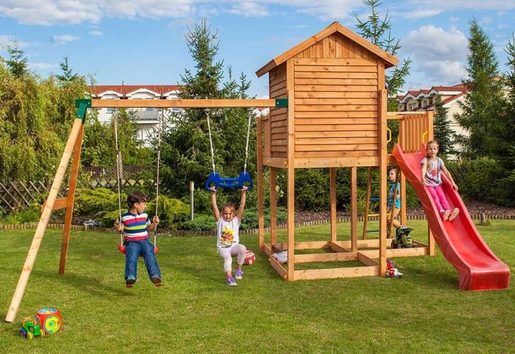 Aire de Jeux Move MySide : Cabane + Toboggan + Portique Balançoires