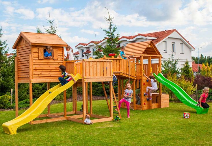 Aire de Jeux en Bois de Pin Traité Cabane + 2 Toboggans Sized Plaza