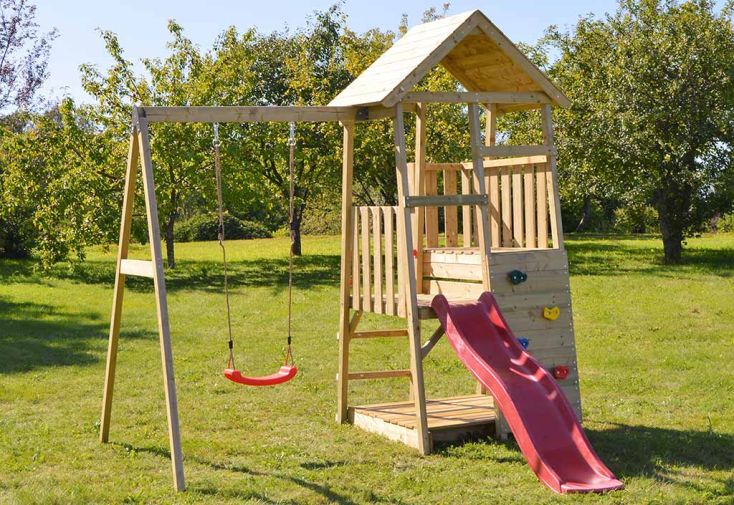 Aire de jeux en bois non traité avec portique balançoire et toboggan Panda