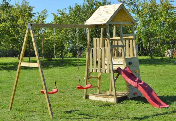 Aire de jeux en bois brut portique balançoires et toboggan – 9,8 m²