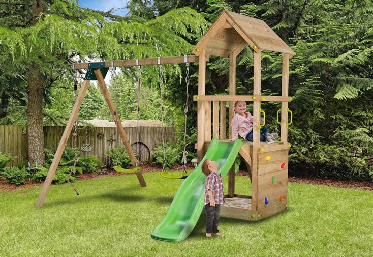 Aire de jeux portique double en bois de pin traité – Eden Play Loft