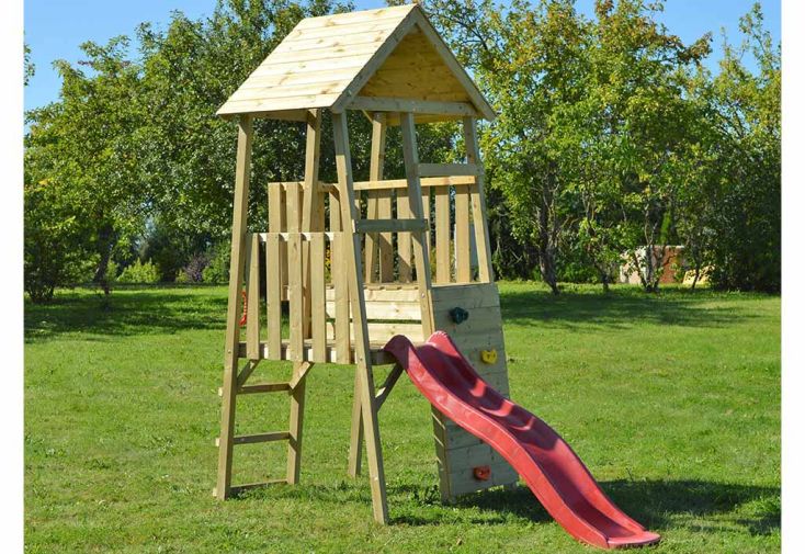 Aire de jeux en bois brut avec toboggan – 2,8 m²