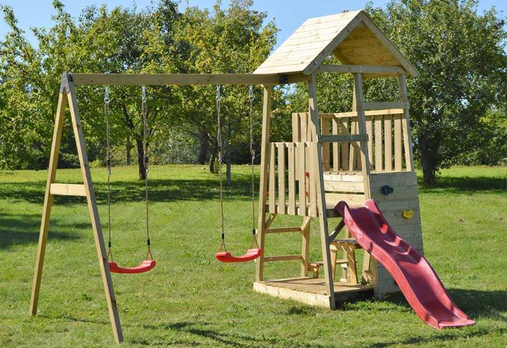 Aire de jeux en bois non traité avec portique double et toboggan - 9,8 m²