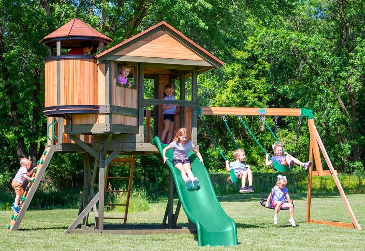 Aire de Jeux en Bois : Toboggan, Balançoire, Escalade – Eagle Nest